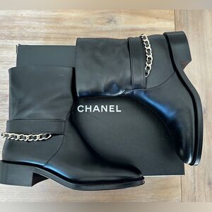CHANEL Black Boots with Gold CC Chain Accent 40.5